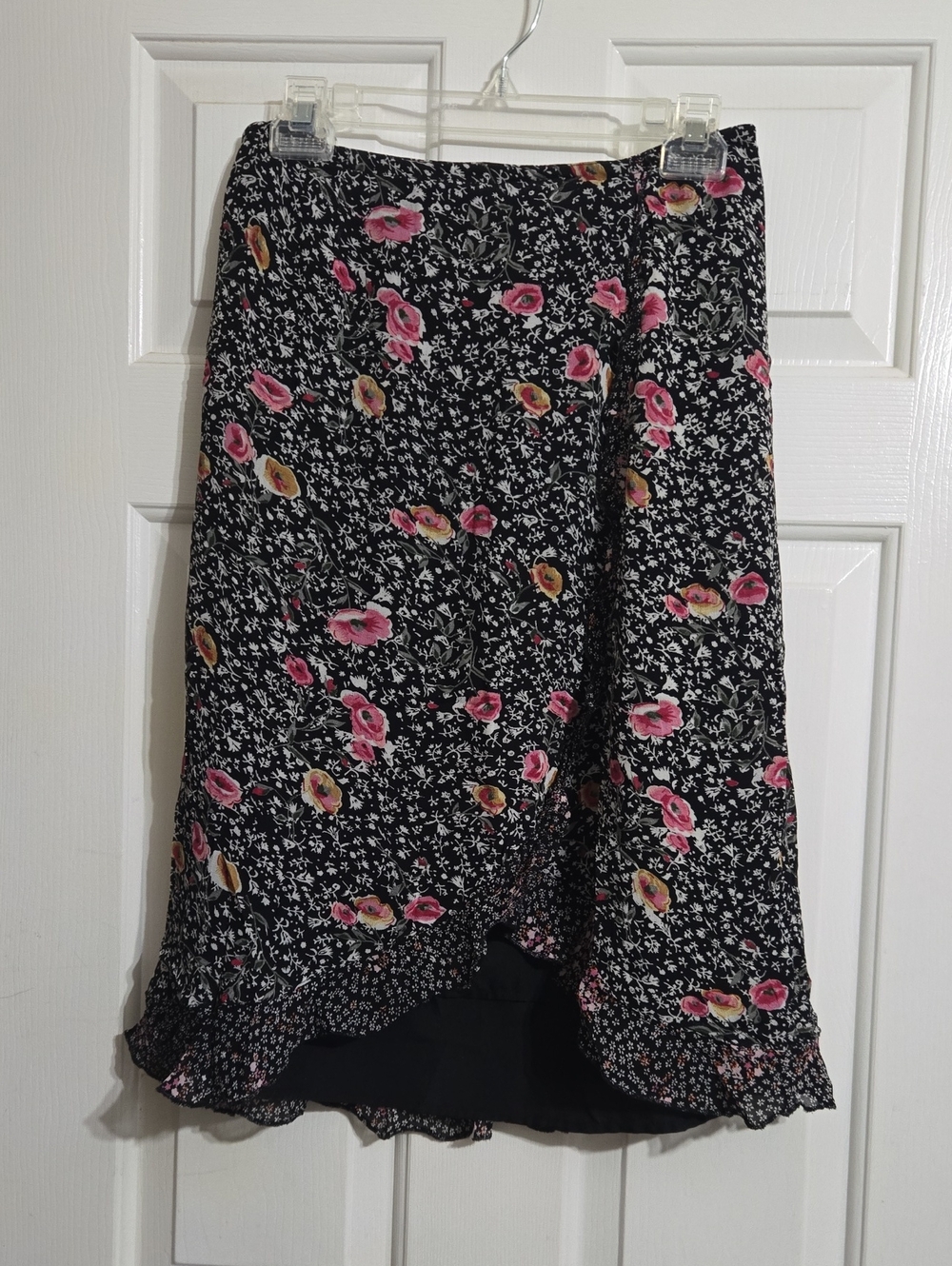 Requirements Black Floral Asymmetrical Midi Skirt with Pink & Gold Accents